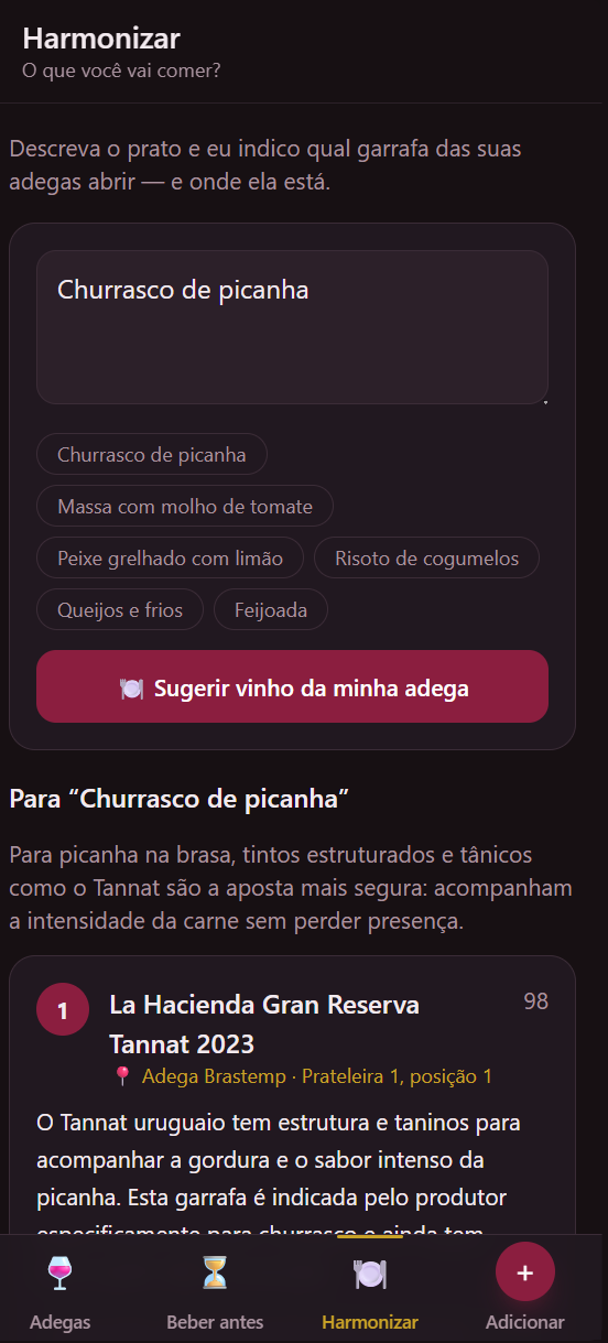Tela Harmonizar: o prato digitado é churrasco de picanha, e o app indica um Tannat, com a justificativa e a prateleira onde a garrafa está.